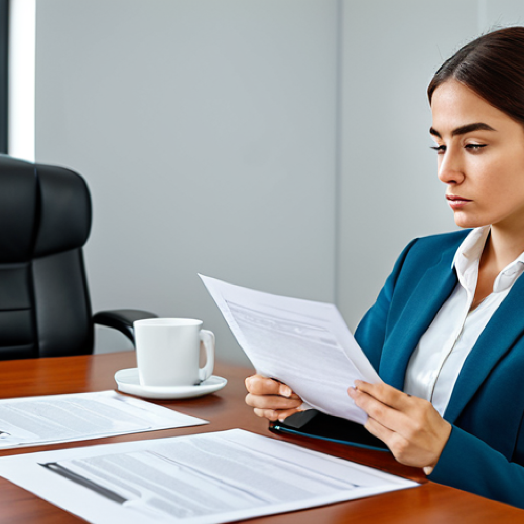 A professional female labor consultant, wearing a modest business suit, deeply focused on legal documents spread across a pristine desk in a modern, well-lit office. Her expression is thoughtful and dedicated, symbolizing deep understanding and diligent study. The scene is captured with professional photography, showcasing high detail and clarity.