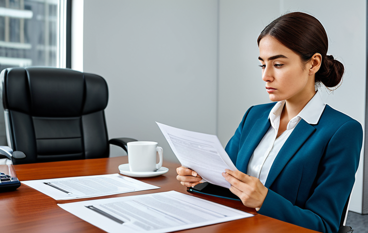 A professional female labor consultant, wearing a modest business suit, deeply focused on legal documents spread across a pristine desk in a modern, well-lit office. Her expression is thoughtful and dedicated, symbolizing deep understanding and diligent study. The scene is captured with professional photography, showcasing high detail and clarity.