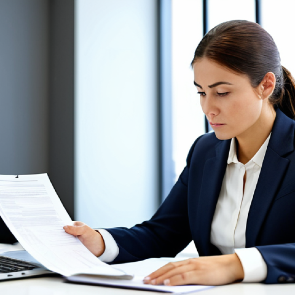 A professional woman in a modest business suit, seated at a modern desk in a well-lit office, attentively reviewing legal documents on a laptop and physical papers. Her expression is focused and composed. The background shows a blurred, contemporary office environment with subtle decorative elements. This image should convey professionalism and attention to detail. Perfect anatomy, correct proportions, natural pose, well-formed hands, proper finger count, natural body proportions, fully clothed, appropriate attire, professional dress, safe for work, appropriate content, professional photography, high quality.