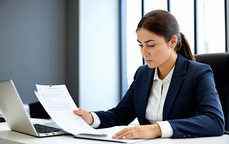 A professional woman in a modest business suit, seated at a modern desk in a well-lit office, attentively reviewing legal documents on a laptop and physical papers. Her expression is focused and composed. The background shows a blurred, contemporary office environment with subtle decorative elements. This image should convey professionalism and attention to detail. Perfect anatomy, correct proportions, natural pose, well-formed hands, proper finger count, natural body proportions, fully clothed, appropriate attire, professional dress, safe for work, appropriate content, professional photography, high quality.