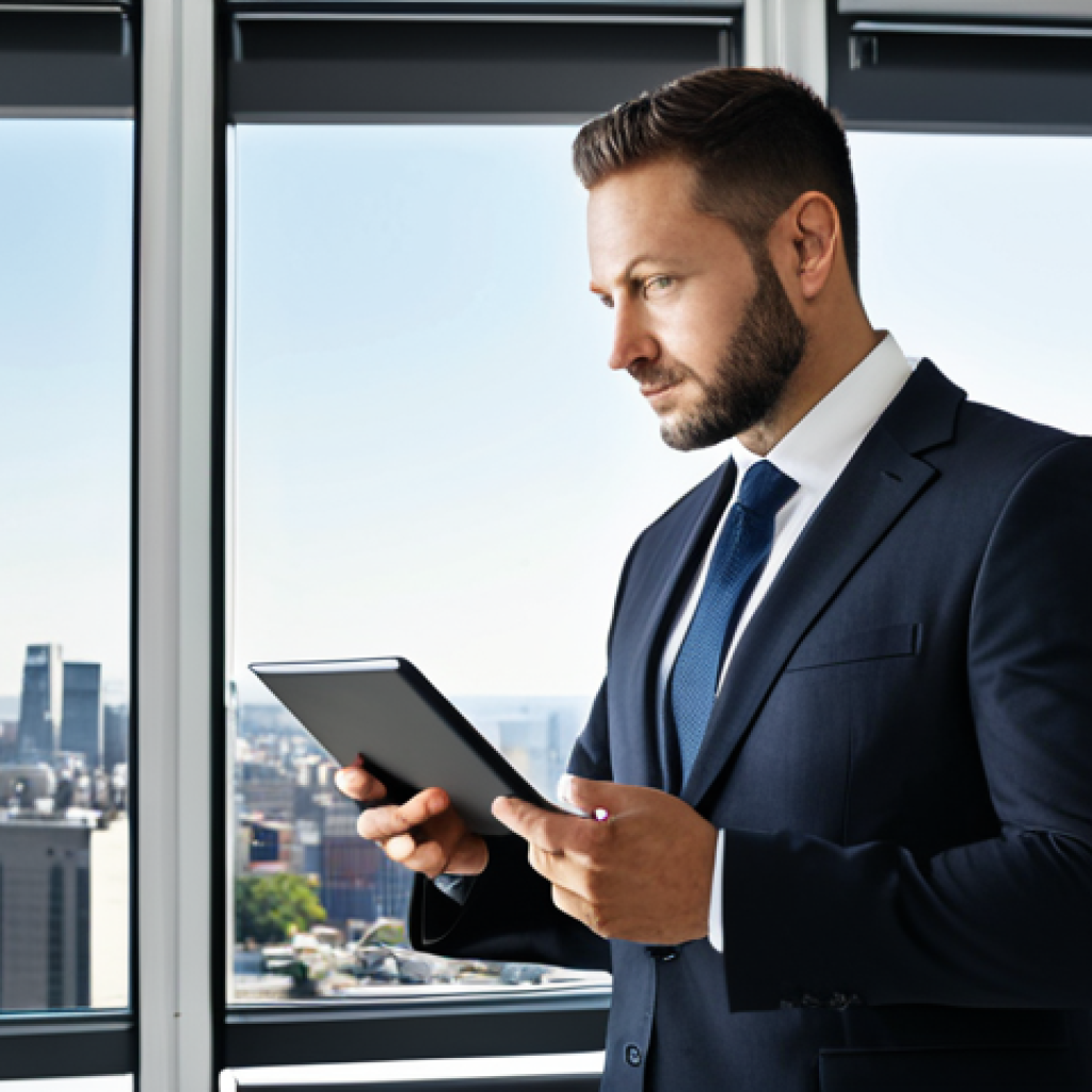 A professional male labor lawyer, mid-career, standing confidently in a modern, sunlit office with large windows overlooking a city skyline. He is wearing a modest dark business suit, a crisp white shirt, and a tie, appropriate attire. He holds a tablet in one hand, gesturing with the other, conveying a sense of thoughtful expertise and forward-thinking. The office environment includes subtle digital screens displaying abstract data visualizations and a few healthy green plants, symbolizing growth and sustainability. The overall mood is serious yet optimistic. fully clothed, appropriate attire, safe for work, professional, perfect anatomy, correct proportions, natural pose, well-formed hands, proper finger count, natural body proportions, high quality professional photography.