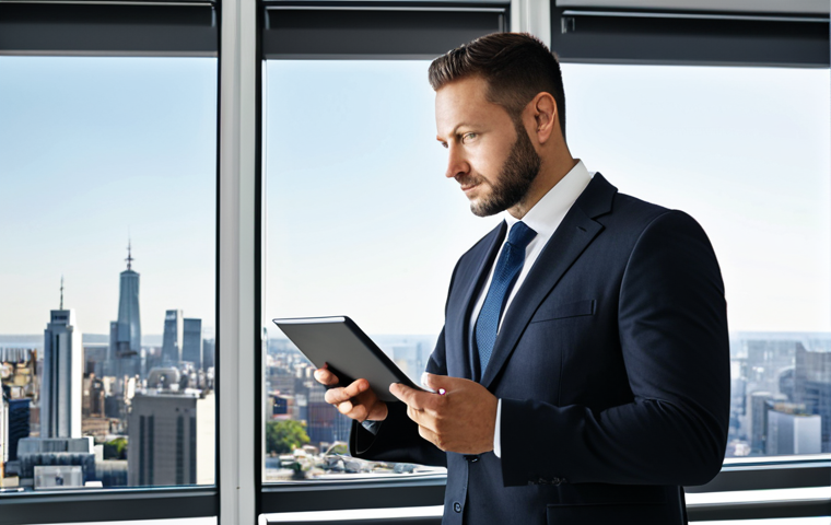 A professional male labor lawyer, mid-career, standing confidently in a modern, sunlit office with large windows overlooking a city skyline. He is wearing a modest dark business suit, a crisp white shirt, and a tie, appropriate attire. He holds a tablet in one hand, gesturing with the other, conveying a sense of thoughtful expertise and forward-thinking. The office environment includes subtle digital screens displaying abstract data visualizations and a few healthy green plants, symbolizing growth and sustainability. The overall mood is serious yet optimistic. fully clothed, appropriate attire, safe for work, professional, perfect anatomy, correct proportions, natural pose, well-formed hands, proper finger count, natural body proportions, high quality professional photography.