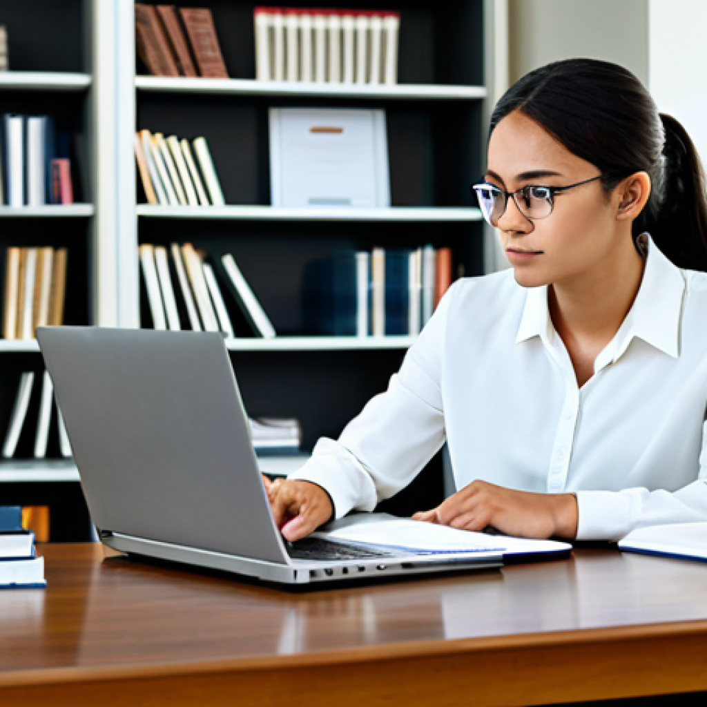A focused legal professional, fully clothed in modest business casual attire, diligently studying at a modern desk. The desk features open law books, a laptop displaying legal research, and a neat stack of documents. The background is a clean, well-lit study room with a subtle bookshelf. Professional photography, perfect anatomy, correct proportions, natural pose, well-formed hands, proper finger count, natural body proportions, high quality, safe for work, appropriate content, fully clothed, professional dress.