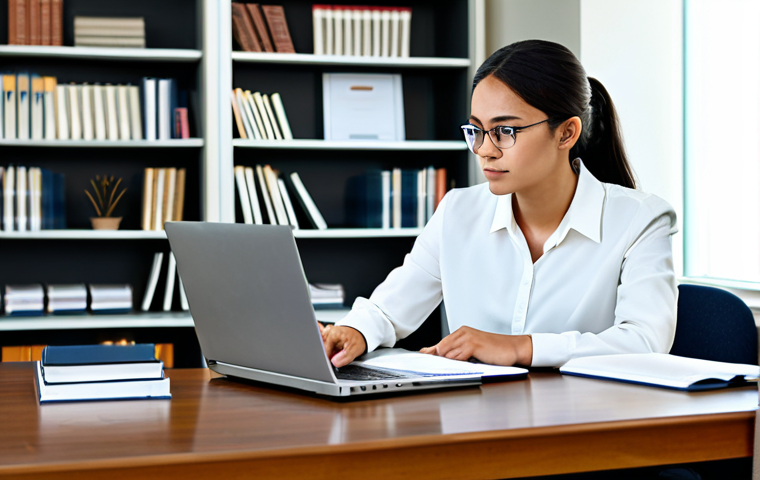 A focused legal professional, fully clothed in modest business casual attire, diligently studying at a modern desk. The desk features open law books, a laptop displaying legal research, and a neat stack of documents. The background is a clean, well-lit study room with a subtle bookshelf. Professional photography, perfect anatomy, correct proportions, natural pose, well-formed hands, proper finger count, natural body proportions, high quality, safe for work, appropriate content, fully clothed, professional dress.