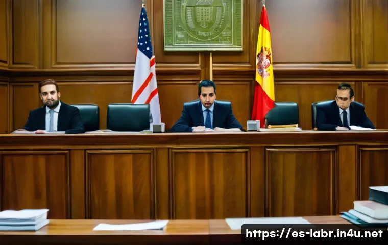 노동법 주요 판례 정리 - A professional Spanish labor court scene with judges and lawyers deliberating over a case about maxi...