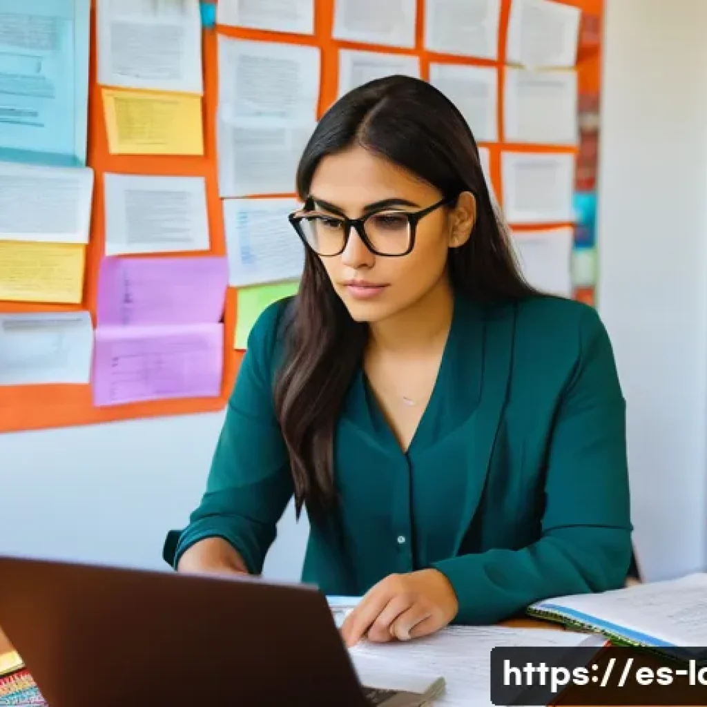 노무사 시험 과목별 고득점 전략 - A modern study room scene with a young Hispanic professional woman intensely focused on a laptop and...