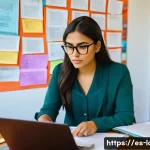 Home 22 노무사 시험 과목별 고득점 전략 - A modern study room scene with a young Hispanic professional woman intensely focused on a laptop and...