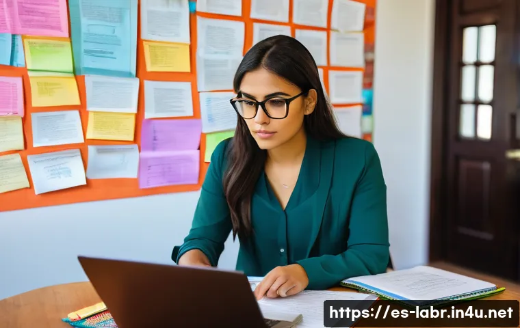 노무사 시험 과목별 고득점 전략 - A modern study room scene with a young Hispanic professional woman intensely focused on a laptop and...