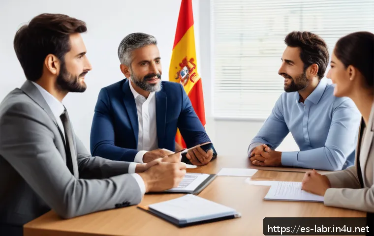 노무사와 노사관계 법률 자문 - A professional labor advisor mediating a business meeting between diverse Spanish-speaking employees...