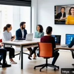 Home 20 노동법 시험의 기출문제와 트렌드 - A modern Spanish office scene showing a diverse group of employees engaging in a telework meeting vi...