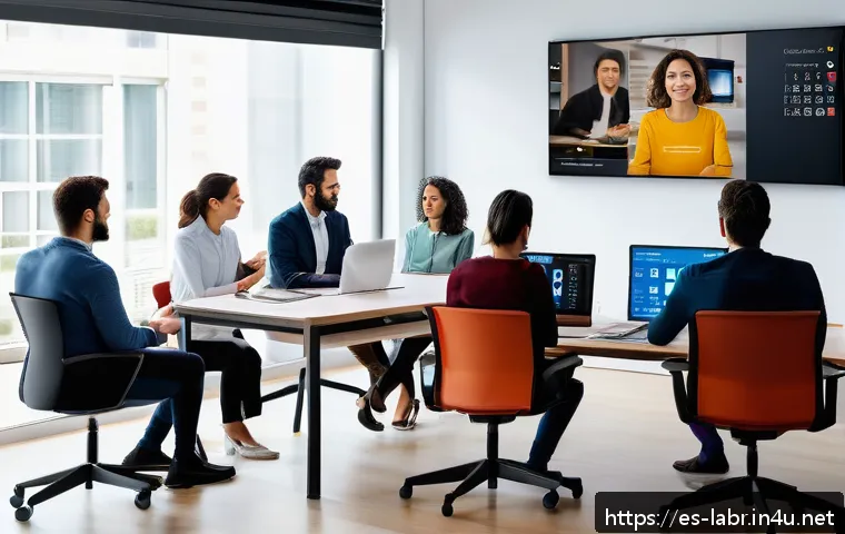 노동법 시험의 기출문제와 트렌드 - A modern Spanish office scene showing a diverse group of employees engaging in a telework meeting vi...