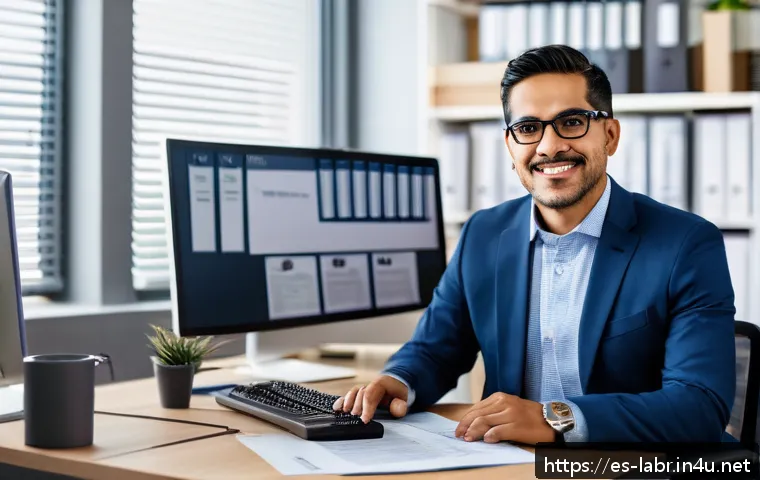 공인노무사 자격증의 가성비 - A professional office scene showing a confident Hispanic male labor manager wearing business casual ...