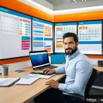 Home 18 노무사 업무의 하루 루틴 - A modern office scene showing a professional labor advisor in business casual attire sitting at a sl...