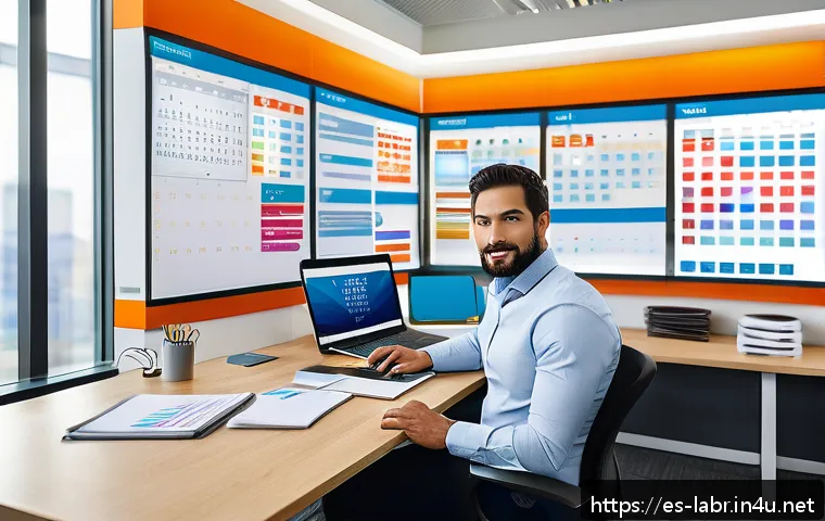 노무사 업무의 하루 루틴 - A modern office scene showing a professional labor advisor in business casual attire sitting at a sl...