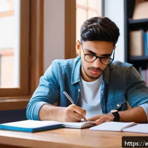 Home 17 공인노무사 시험의 자주 묻는 질문 - A focused young Hispanic man sitting at a wooden desk in a bright, modern study room, surrounded by ...