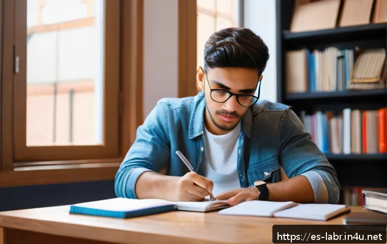 공인노무사 시험의 자주 묻는 질문 - A focused young Hispanic man sitting at a wooden desk in a bright, modern study room, surrounded by ...