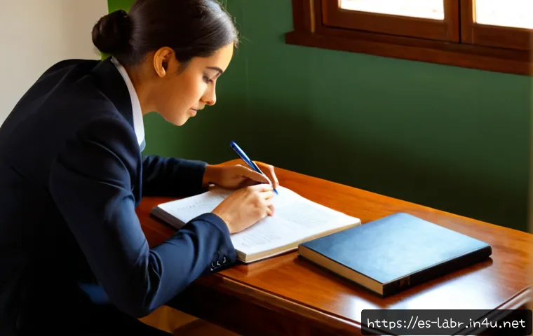 노무사 시험 합격 팁 - Photorealistic Spanish legal professional exam preparation scene, focused adult candidate studying a...